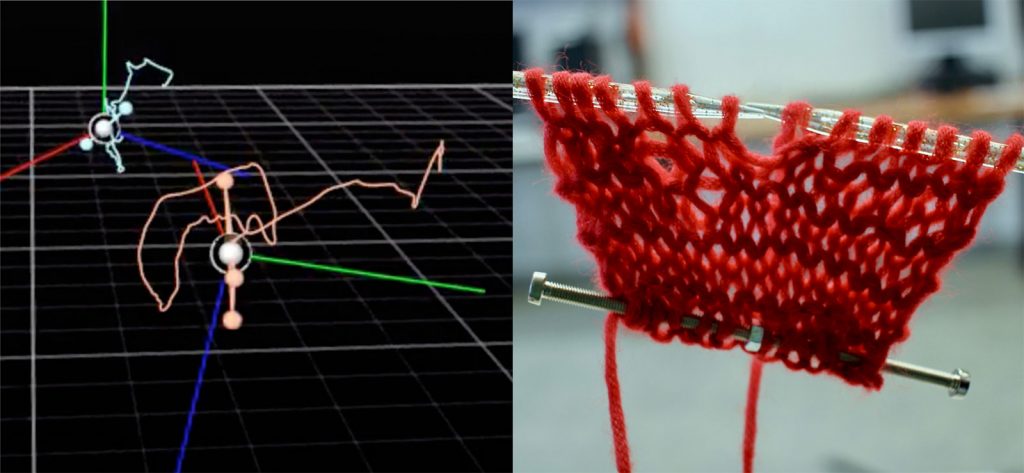 The motion capture analysis (left image) of the practice of knitting reveals rather intricate and complex movements of a skilled human knitter.The right image shows a piece of knitwear produced in collaboration of human and robot. The robot appears to perform poorly at the practice of knitting.