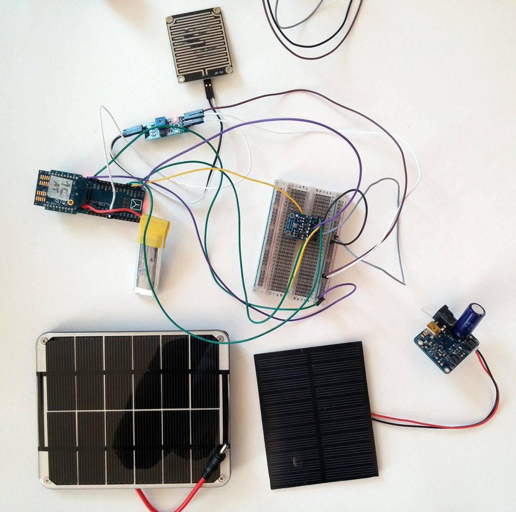 Solar panel, battery, arduino, water sensor for the technical insides of the whether bird