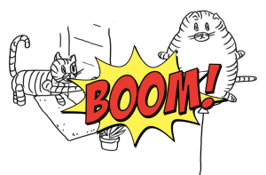 comic drawing of the inflatable cat (project see below) with a huge BOOM! comic text on top of it